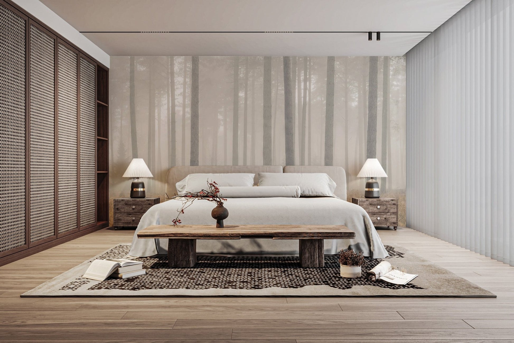 Serene forest wallpaper mural with tall timber silhouettes.