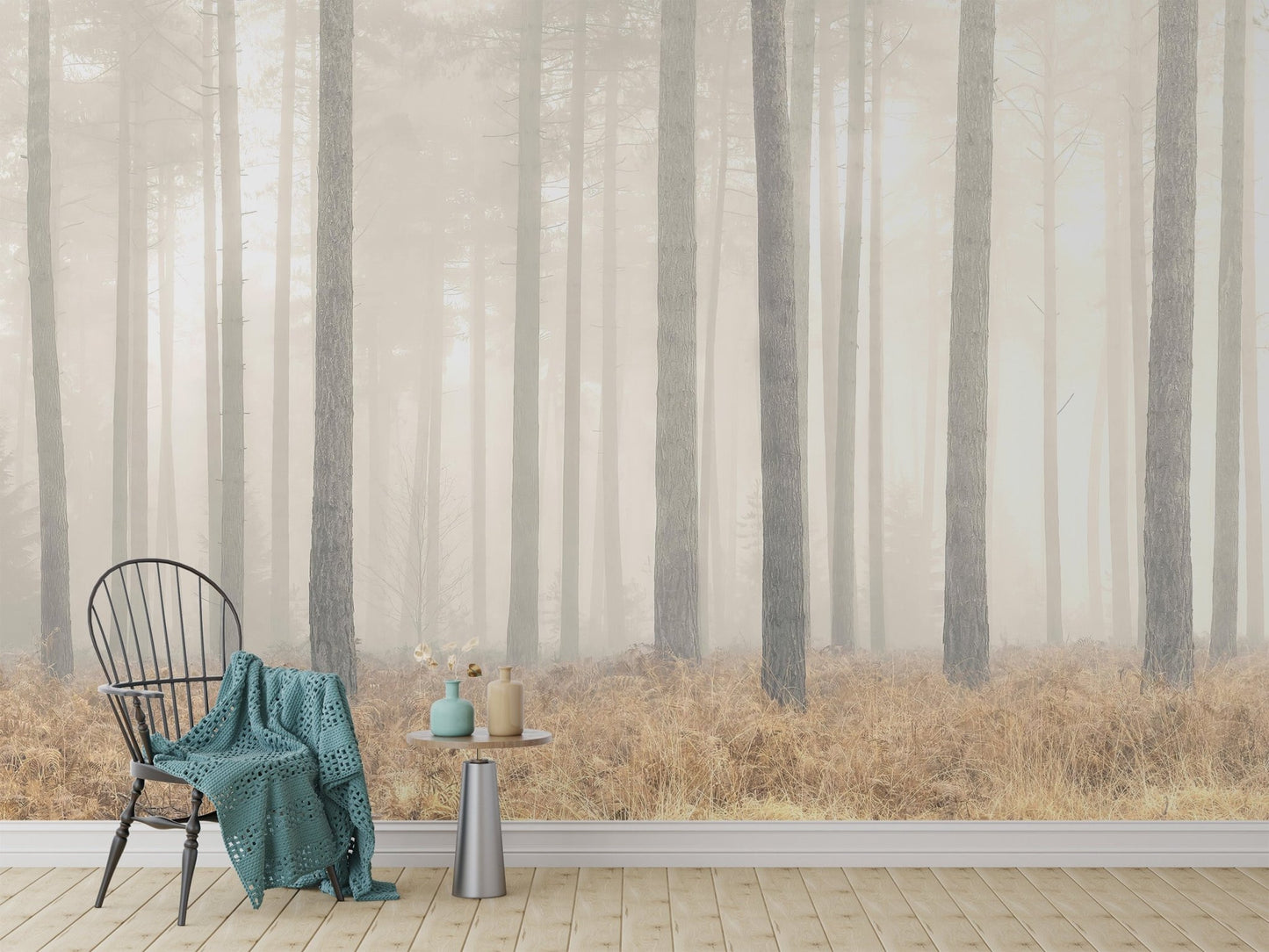 Soft focus pine forest wallpaper mural with layered mist.