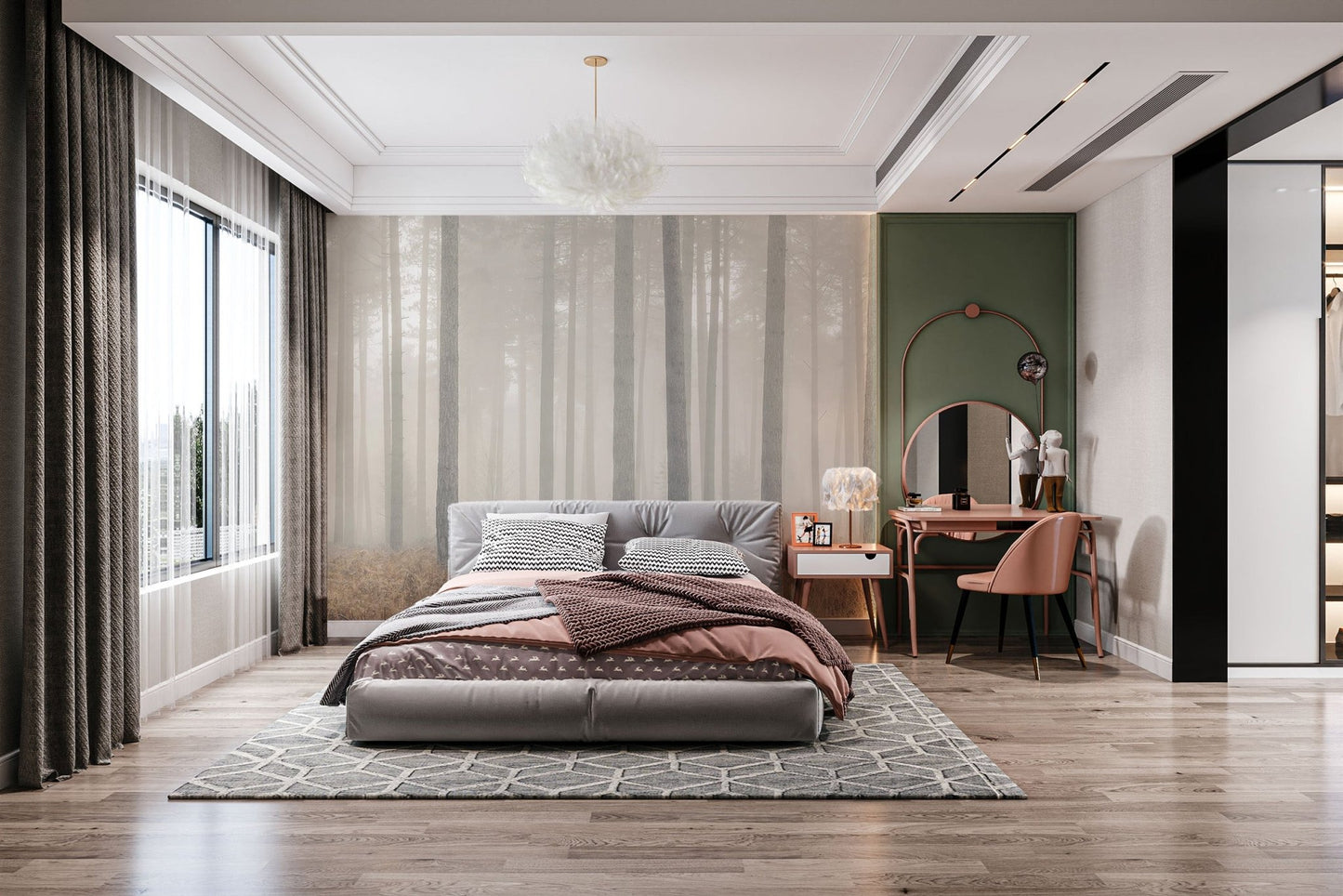 Tranquil pine tree forest wall mural with muted earthy color palette.