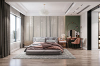 Tranquil pine tree forest wall mural with muted earthy color palette.