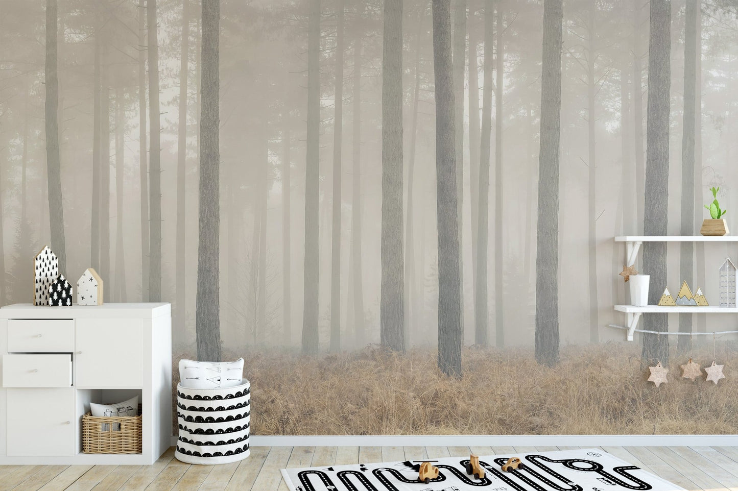 Minimal forest landscape wall mural with vertical tree lines.