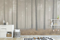 Minimal forest landscape wall mural with vertical tree lines.