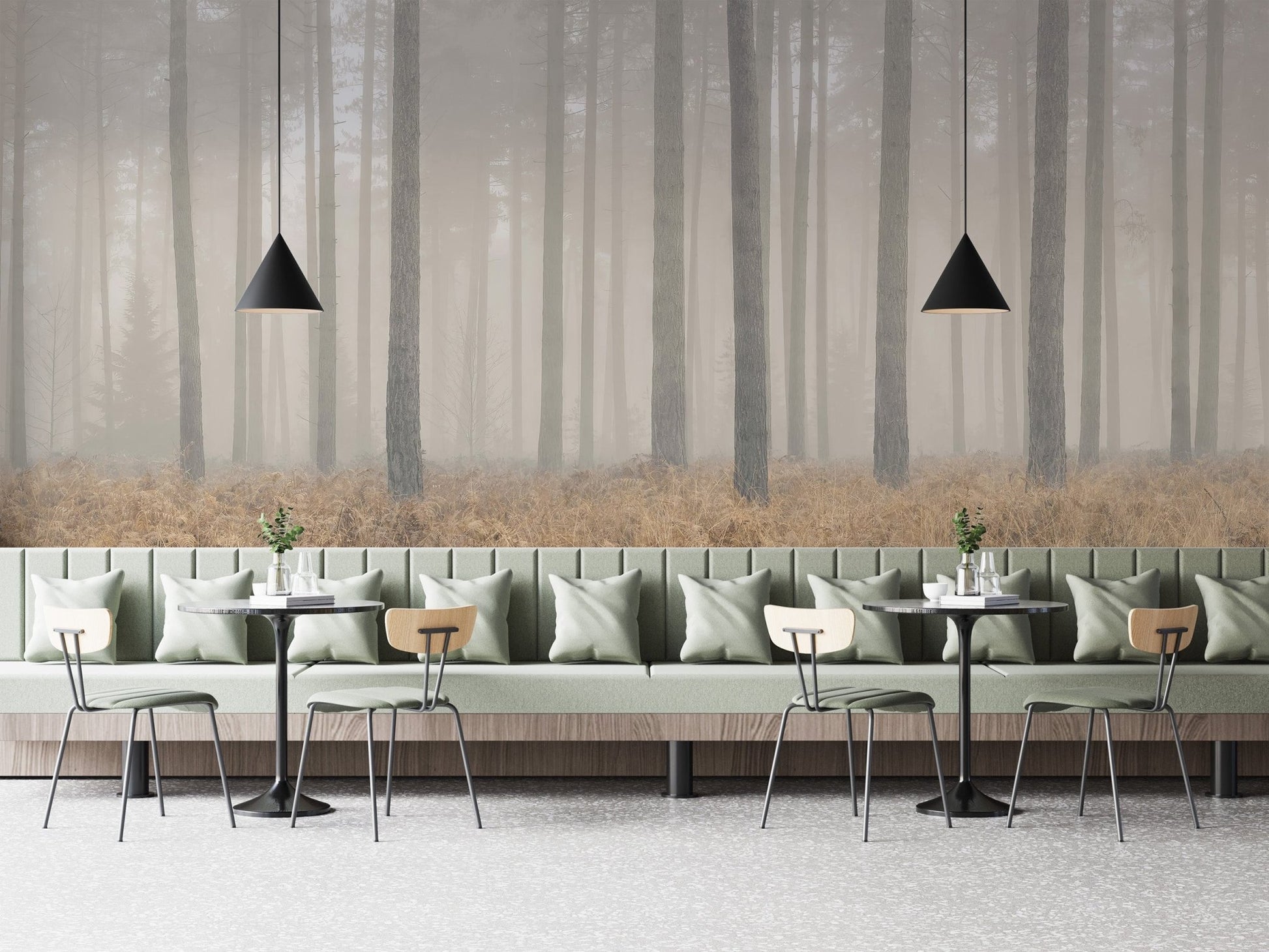 Foggy forest scene wallpaper mural with subtle natural texture.