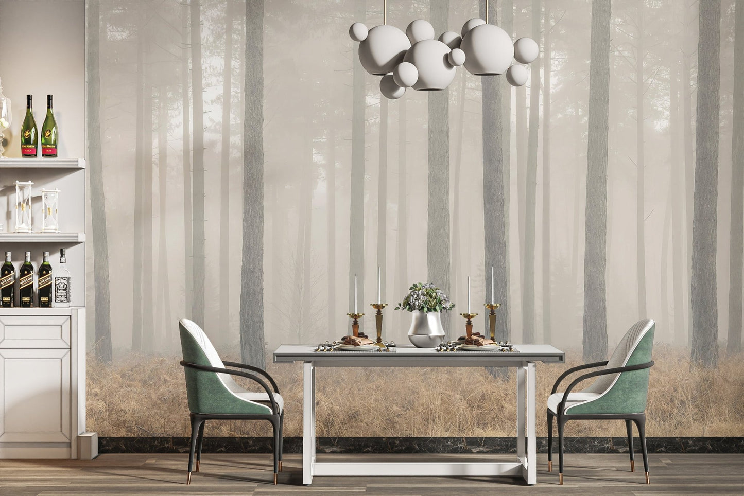 Modern woodland scene wall mural in warm taupe tones.
