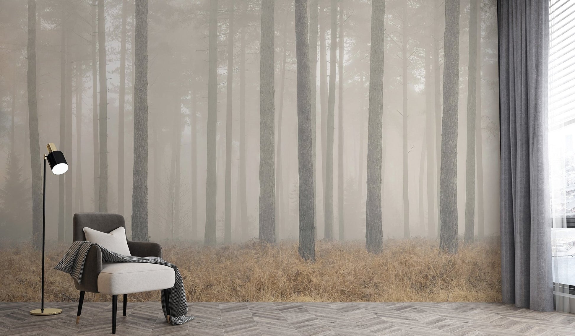 Atmospheric forest wallpaper mural in soft gray and beige tones.