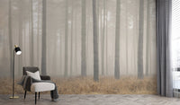 Atmospheric forest wallpaper mural in soft gray and beige tones.