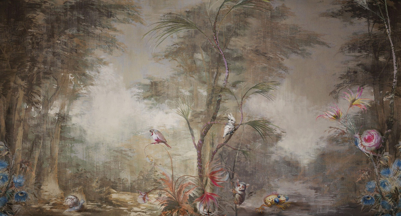 Misty Forest Wall Mural with fog effects and tall tree silhouettes.