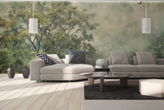 Watercolor forest wall mural with foggy atmosphere.