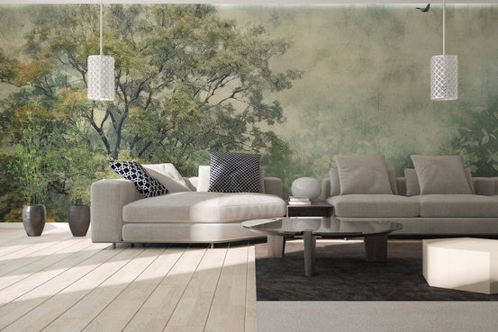 Watercolor forest wall mural with foggy atmosphere.