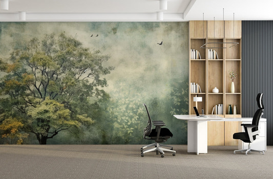 Misty forest wallpaper mural with soft green tree canopy.