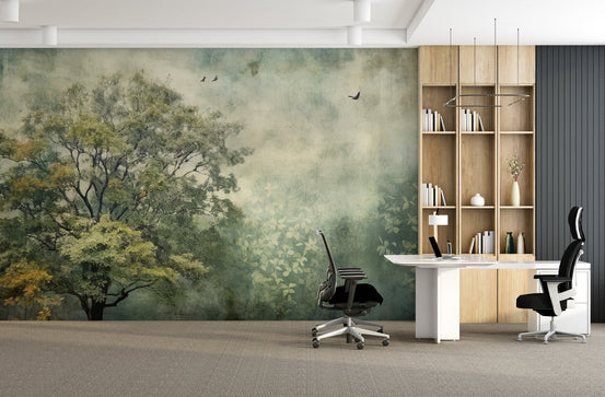 Misty forest wallpaper mural with soft green tree canopy.