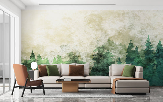 Misty Forest Watercolor Elegance Wall Mural in a modern living room.