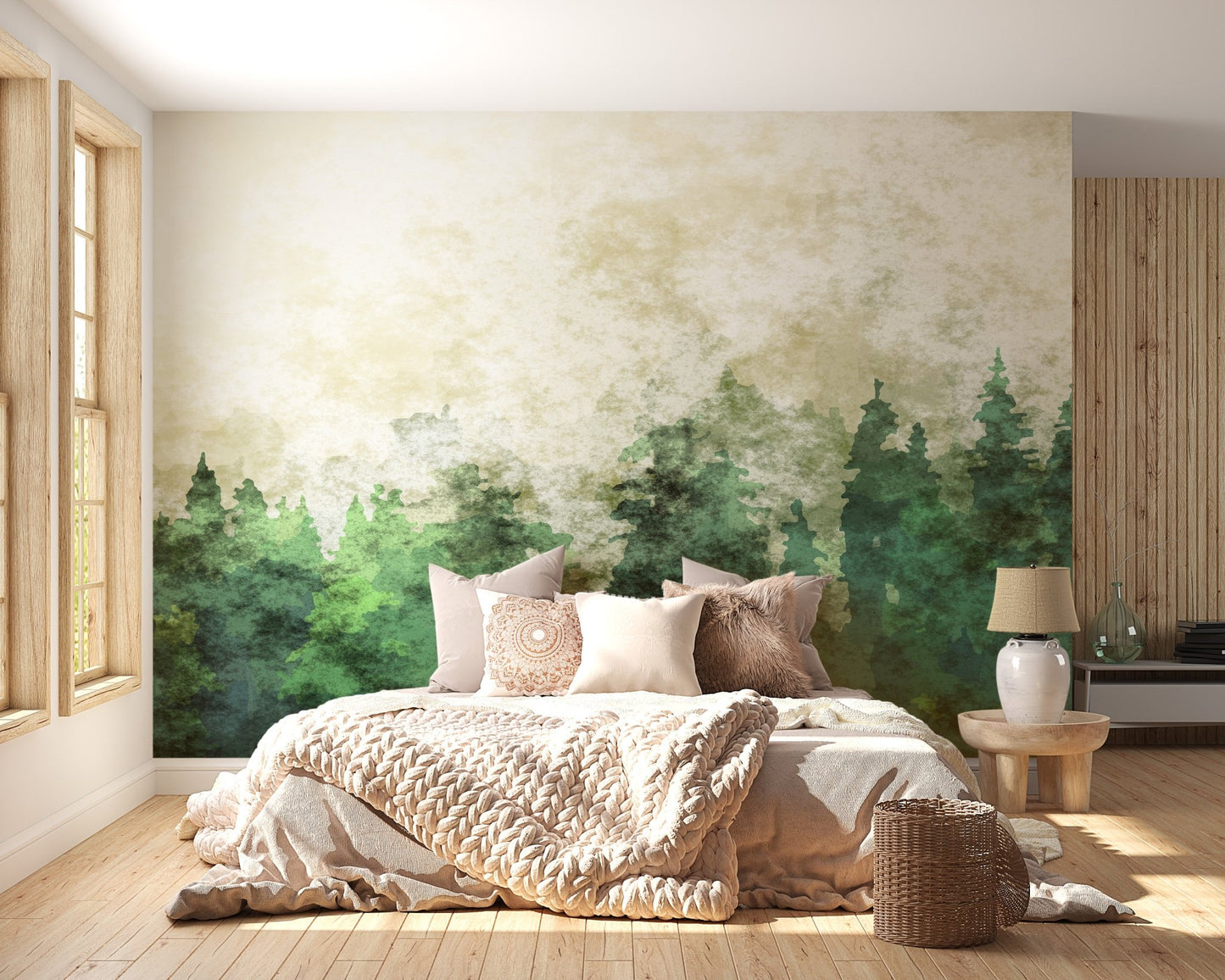 Elegant Misty Forest Watercolor Wallpaper Mural Art
