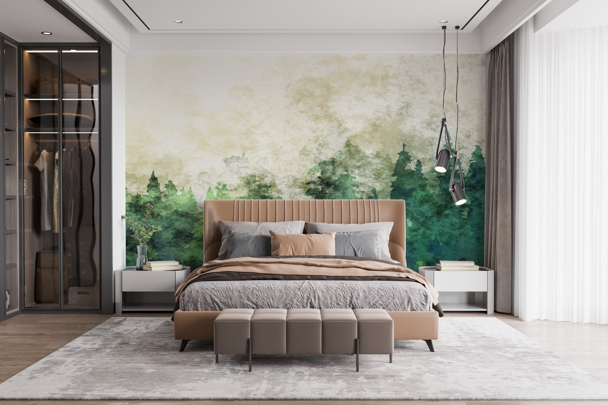 Elegant Misty Forest Wallpaper Mural with Watercolor
