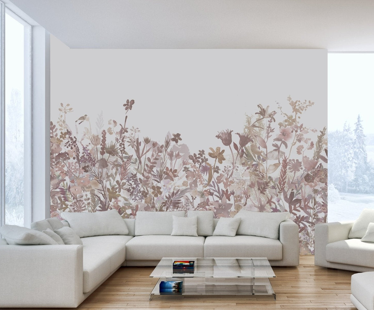 Misty garden wallpaper mural soft botanical wallpaper design.