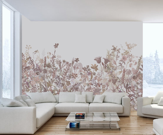 Misty garden wallpaper mural soft botanical wallpaper design.