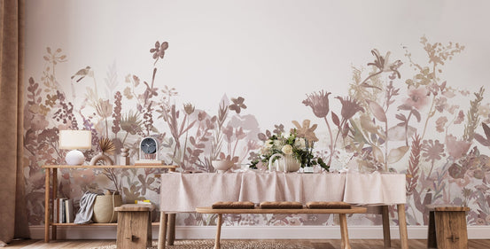 Watercolor flower wall mural in dusty pink and taupe shades.