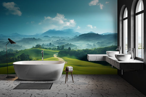 Calm mountain range backdrop with atmospheric mist landscape wallpaper.
