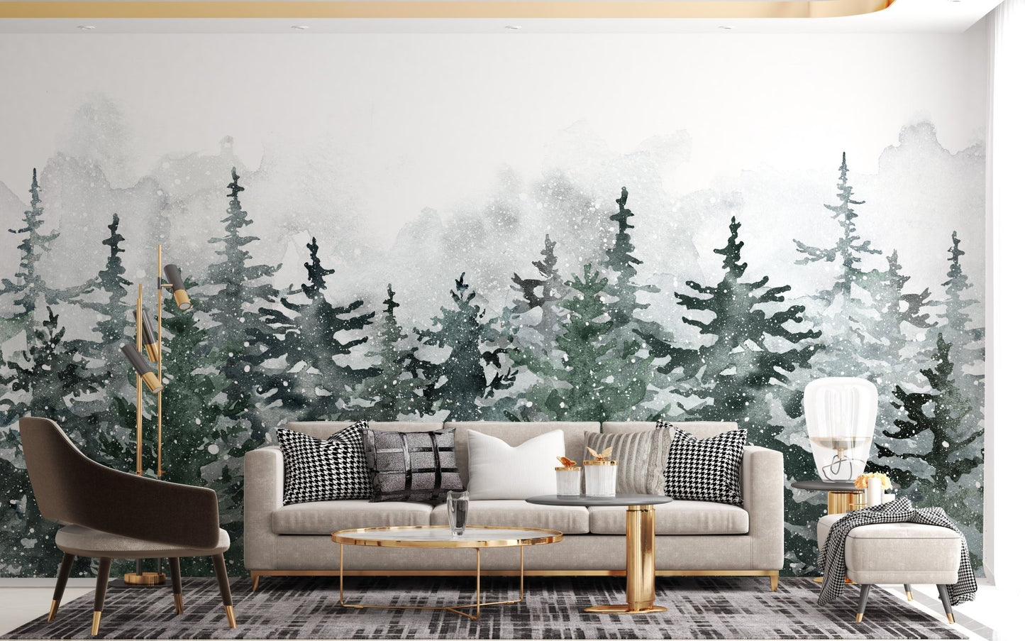 Misty Green Pine Forest Scandinavian Wall Mural behind a sofa in a living room