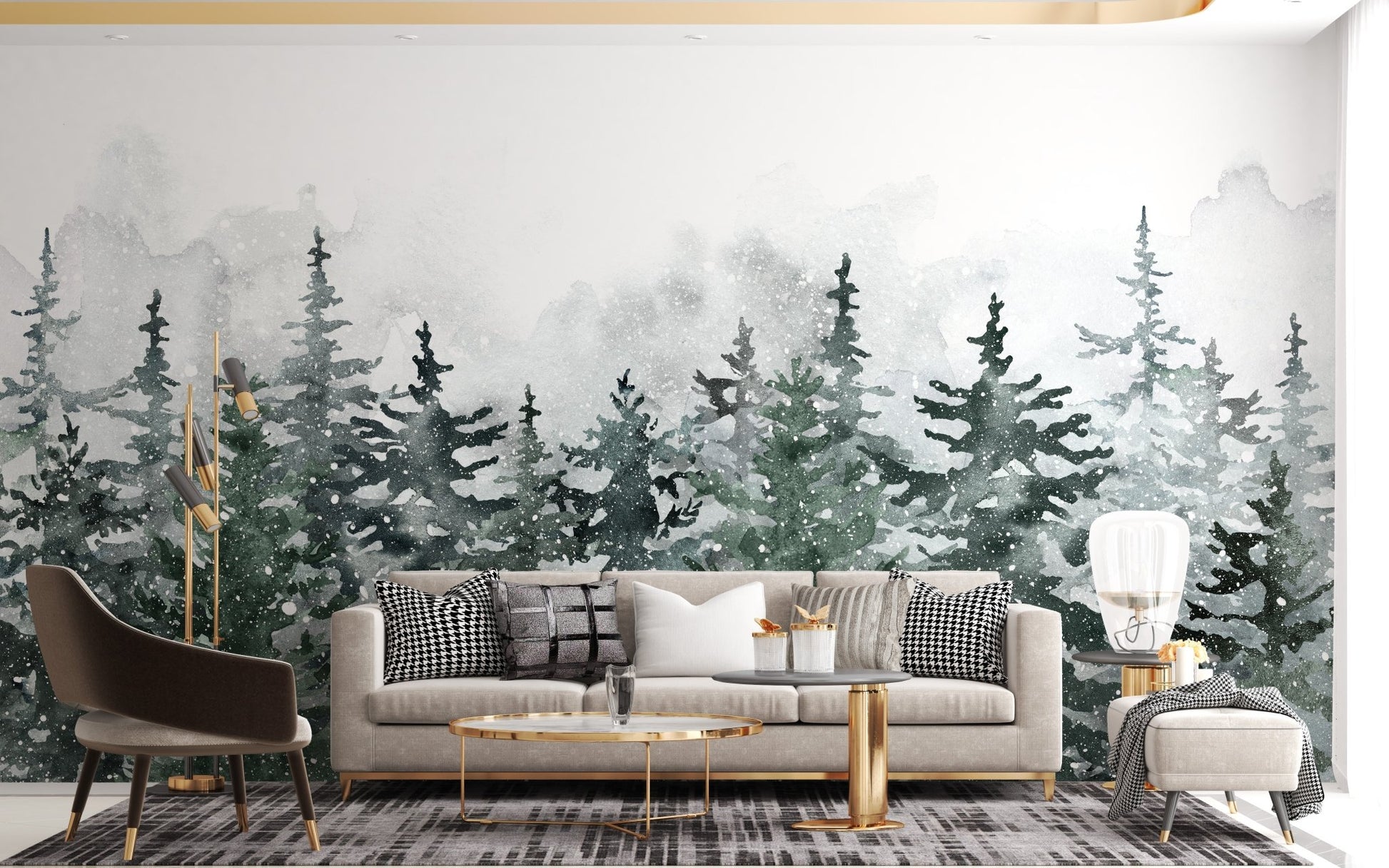 Misty Green Pine Forest Scandinavian Wall Mural behind a sofa in a living room