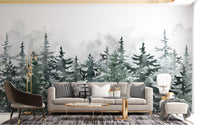 Misty Green Pine Forest Scandinavian Wall Mural behind a sofa in a living room