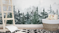 Misty tree mural wall mural in a nursery with a wooden ladder.