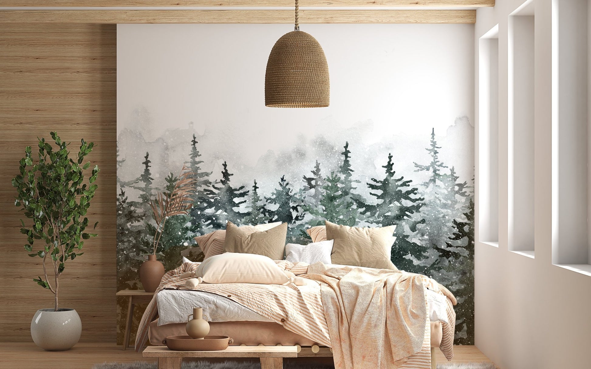 Watercolor pine tree wall mural in a bedroom with a low profile wooden bed