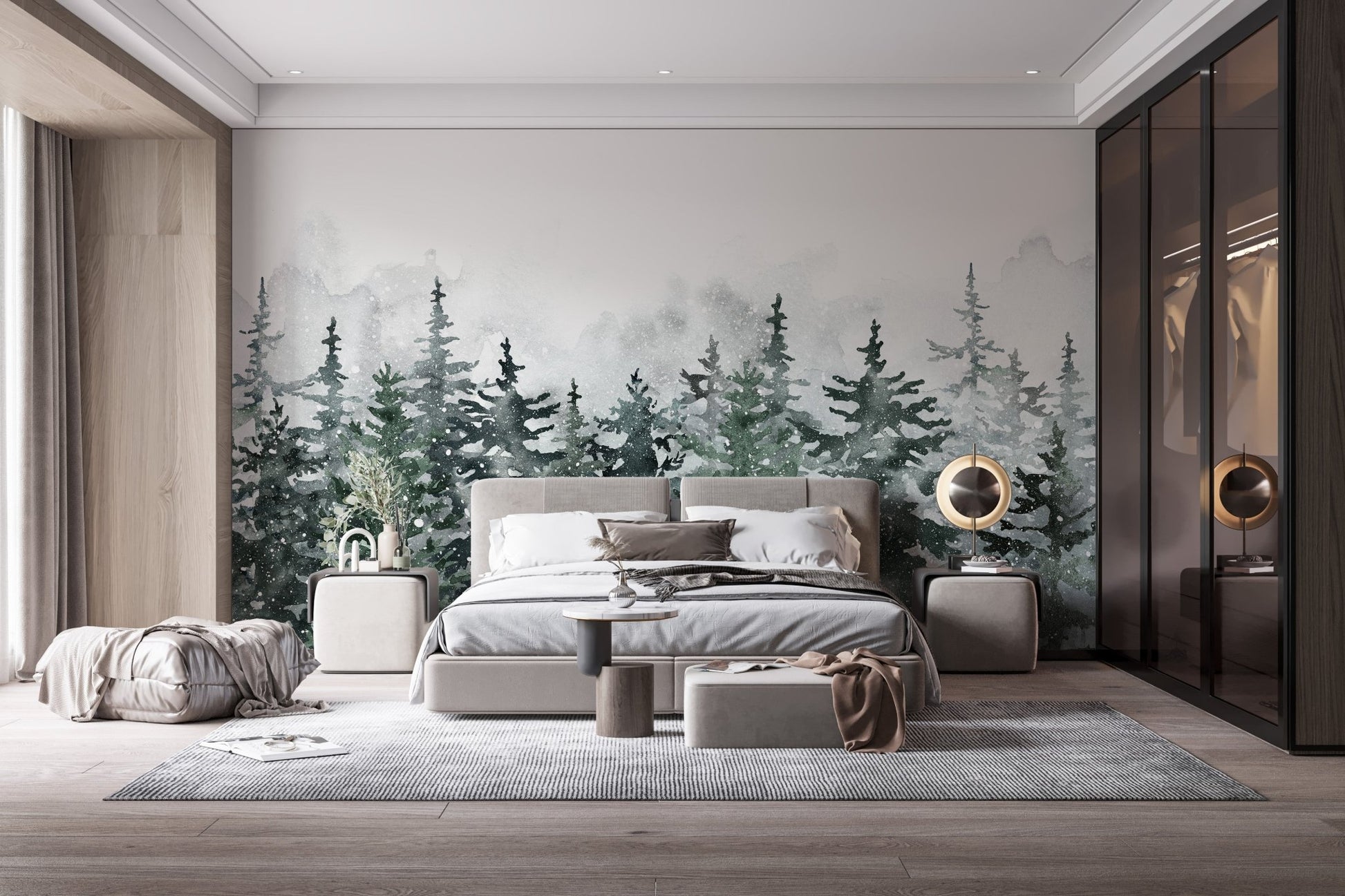 Forest landscape wall mural in a scandi style bedroom with light wood floor.
