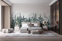 Forest landscape wall mural in a scandi style bedroom with light wood floor.