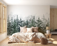 Misty Green Pine Forest Scandinavian Wall Mural in a minimalist bedroom.