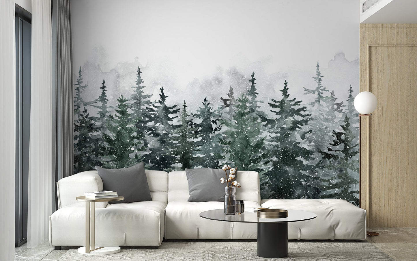 Foggy alpine forest wall mural in a bright living with white modular seating