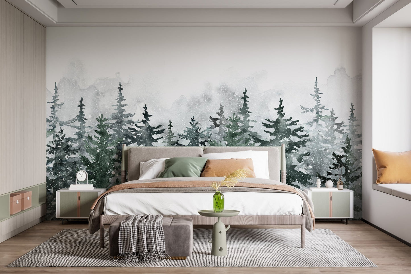 Watercolor evergreen tree wall mural behind a wooden bed frame with beige linen