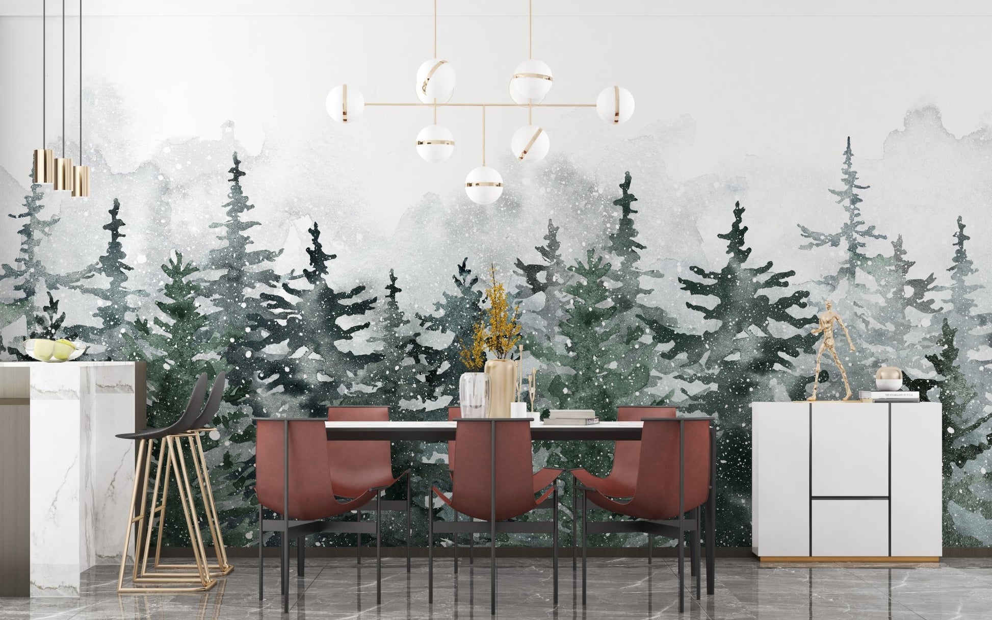 Pine forest wall mural in a modern dining room with dark chairs and white sideboard