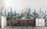 Pine forest wall mural in a modern dining room with dark chairs and white sideboard