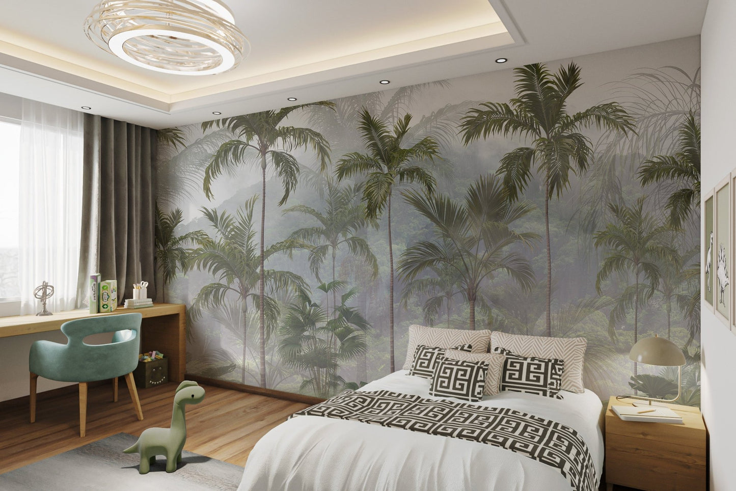 Tropical rainforest wall mural in soft green tones for bright bedroom.