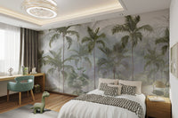 Tropical rainforest wall mural in soft green tones for bright bedroom.