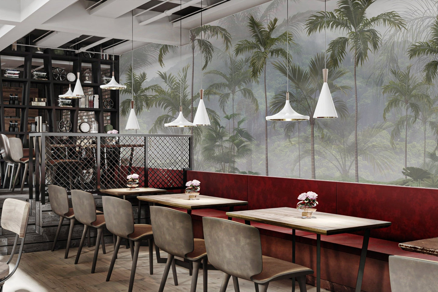 Tropical rainforest mural with misty palm trees in modern cafe.