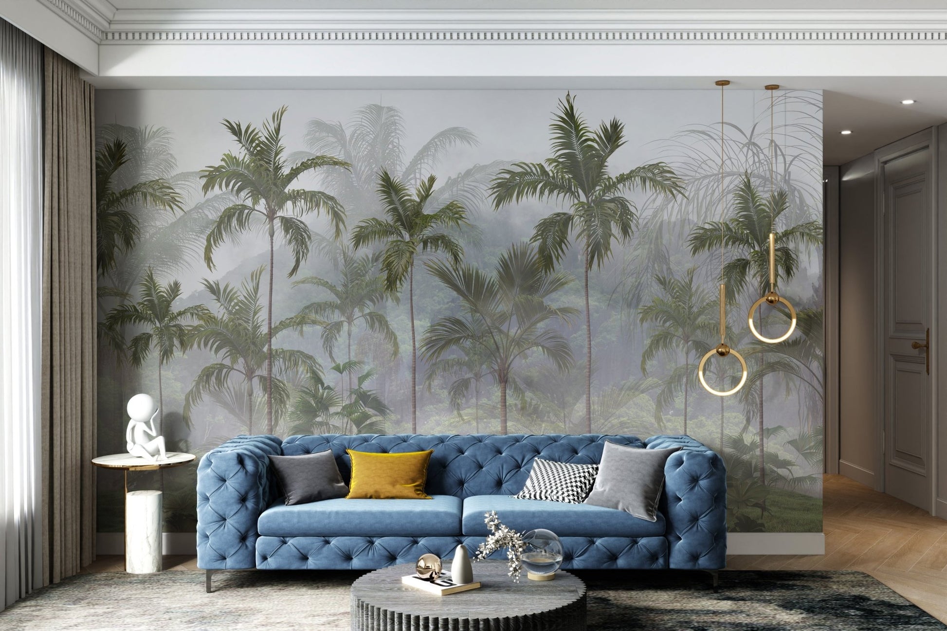 Palm trees in a misty tropical forest wall mural for bright hallway.