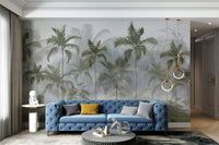 Palm trees in a misty tropical forest wall mural for bright hallway.