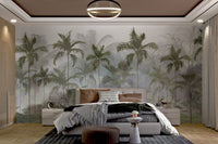 Misty tropical forest mural with palm trees in modern bedroom.