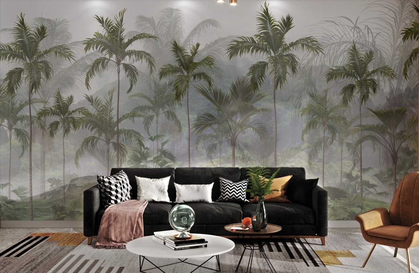Lush greenery in a foggy rainforest wall mural for living room.