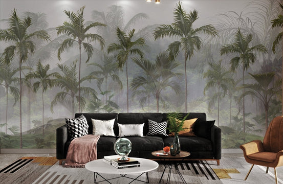 Lush greenery in a foggy rainforest wall mural for living room.