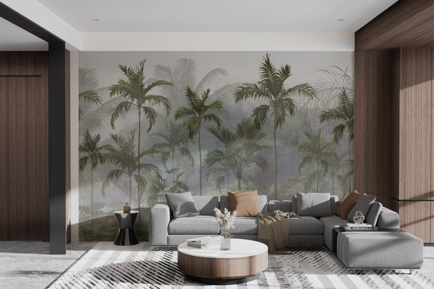 Palm tree wall mural creating a serene living room ambiance.