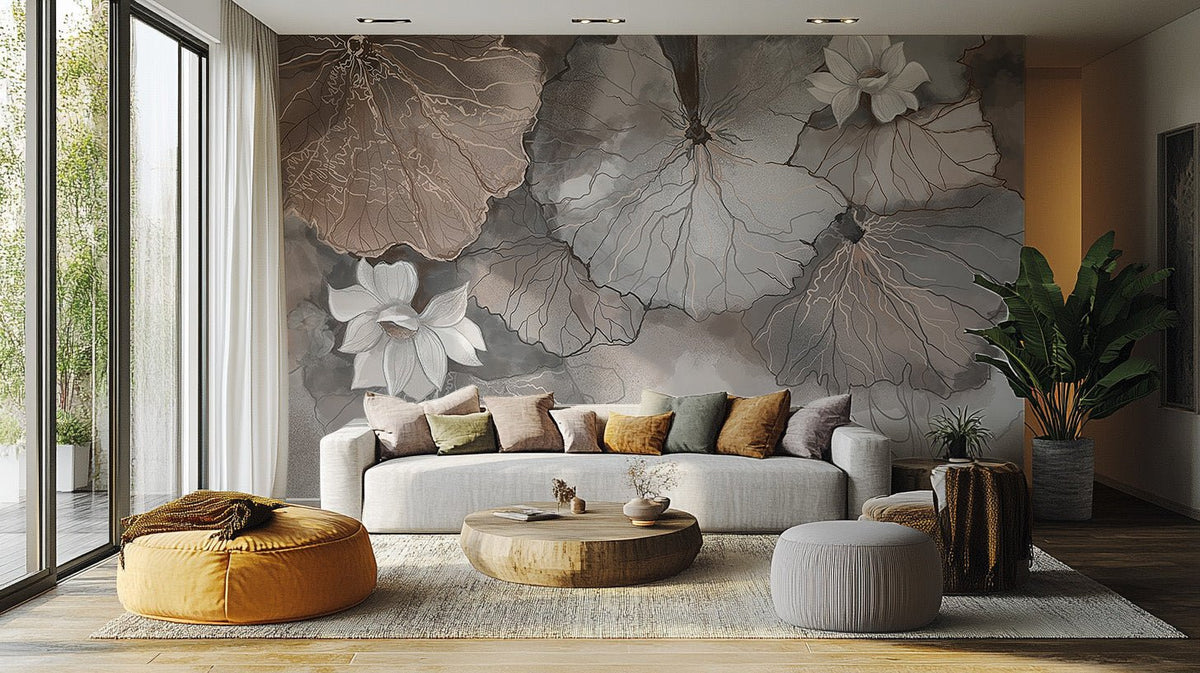 Misty lotus leaves wall mural with gray and copper botanical art wallpaper.