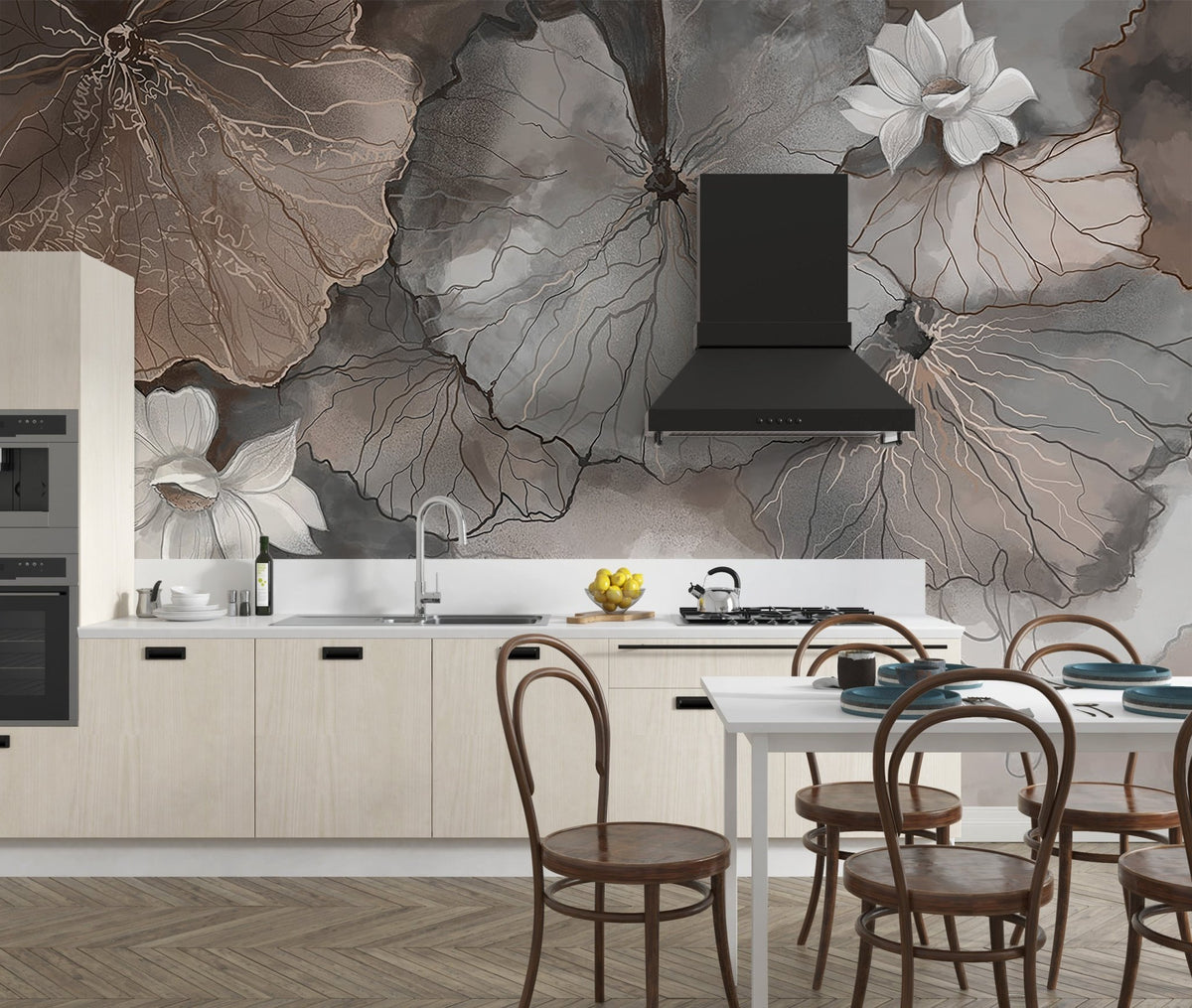 Decorative botanical wallpaper showing layered lotus pads and white flowers.