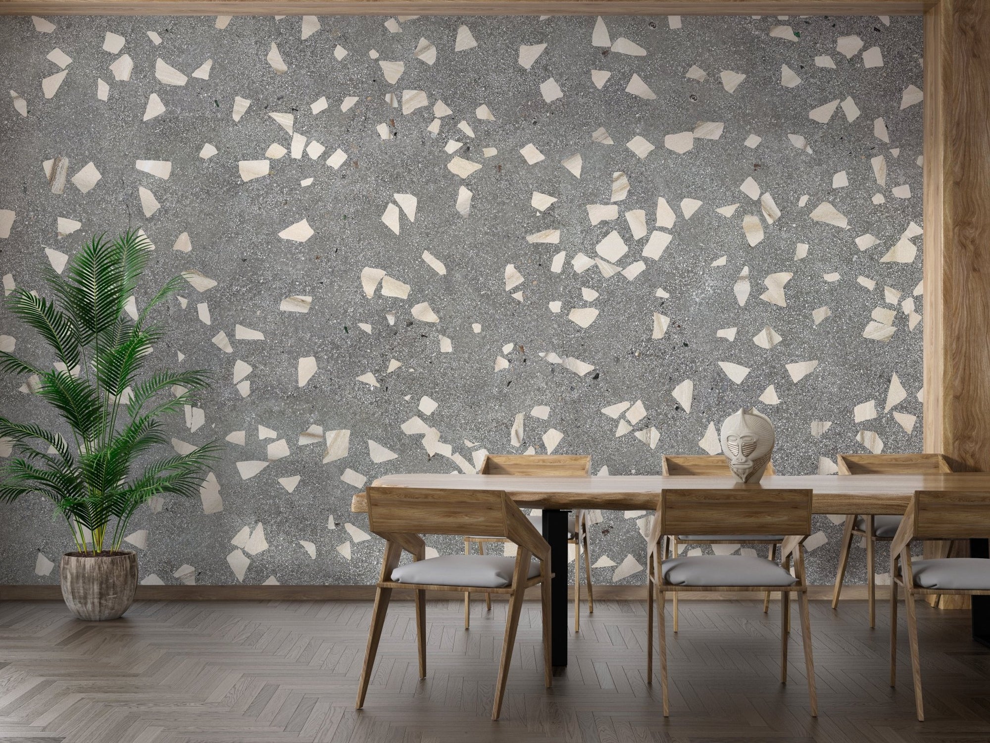 Misty Marble wall mural in a dining room with wooden chairs and green plants.