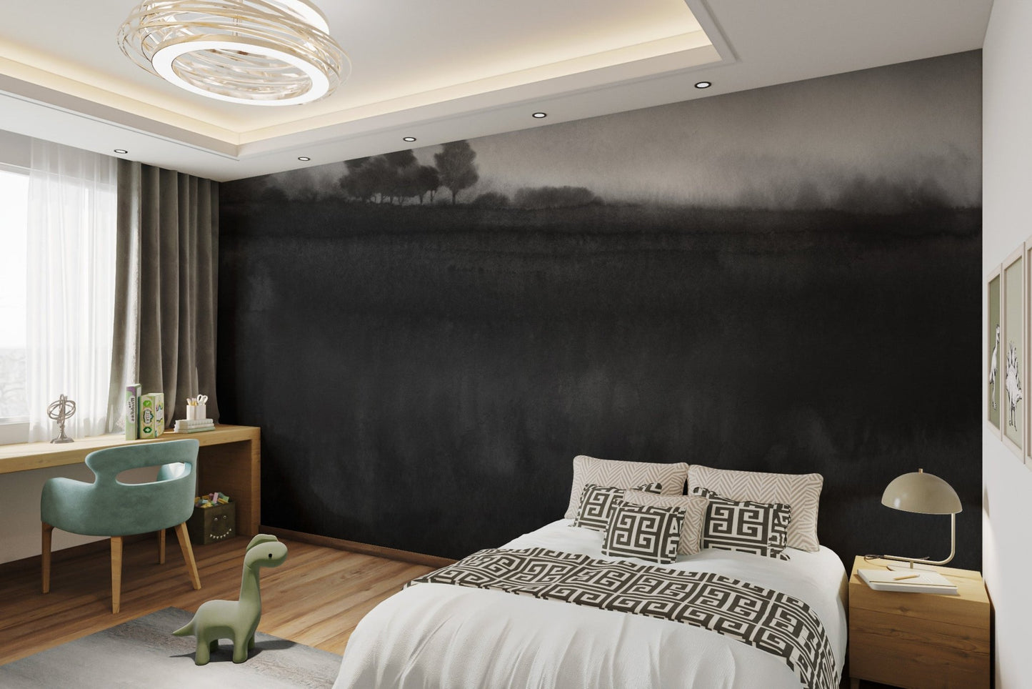 Wall mural featuring a misty monochrome landscape scene.