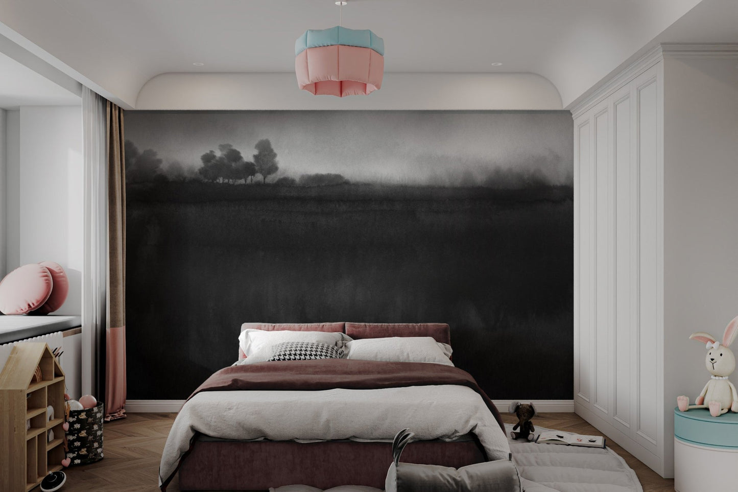 Monochrome mural featuring a calming misty landscape for bedroom wall.
