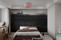 Monochrome mural featuring a calming misty landscape for bedroom wall.