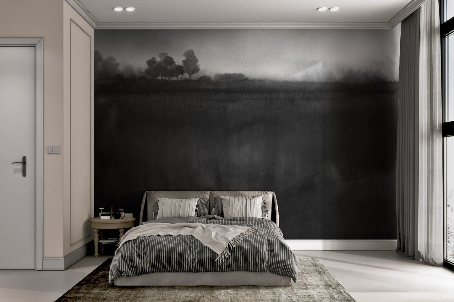 Misty woodland landscape mural suitable for bedroom wall decor.